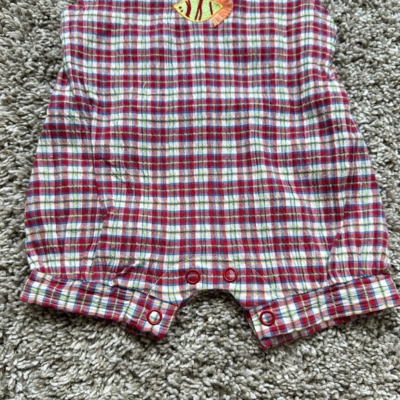 Vintage Best Buddies Plaid Shortall Romper Embroidered Fishing Summer Fall 0-3M - Picture 6 of 9
